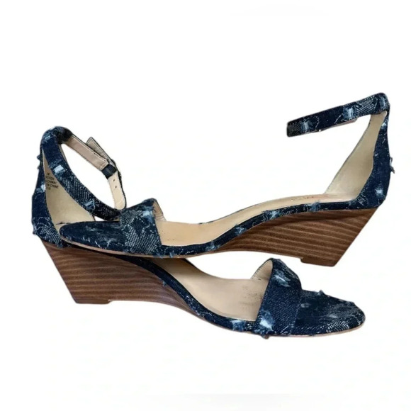 Nine West Blue Denim Sling  Back Open Toe Wedge Heels Size 7 - Picture 4 of 10